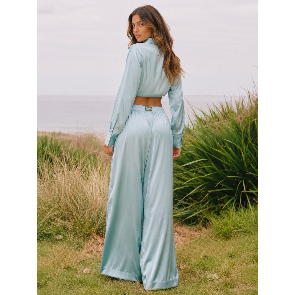 New Daily Drills Resort Pants L Satin Wide Leg Elastic Waist Blue Lounge NWT